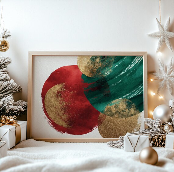 Bold Abstract Christmas Watercolor Red Green and Gold Art Poster
