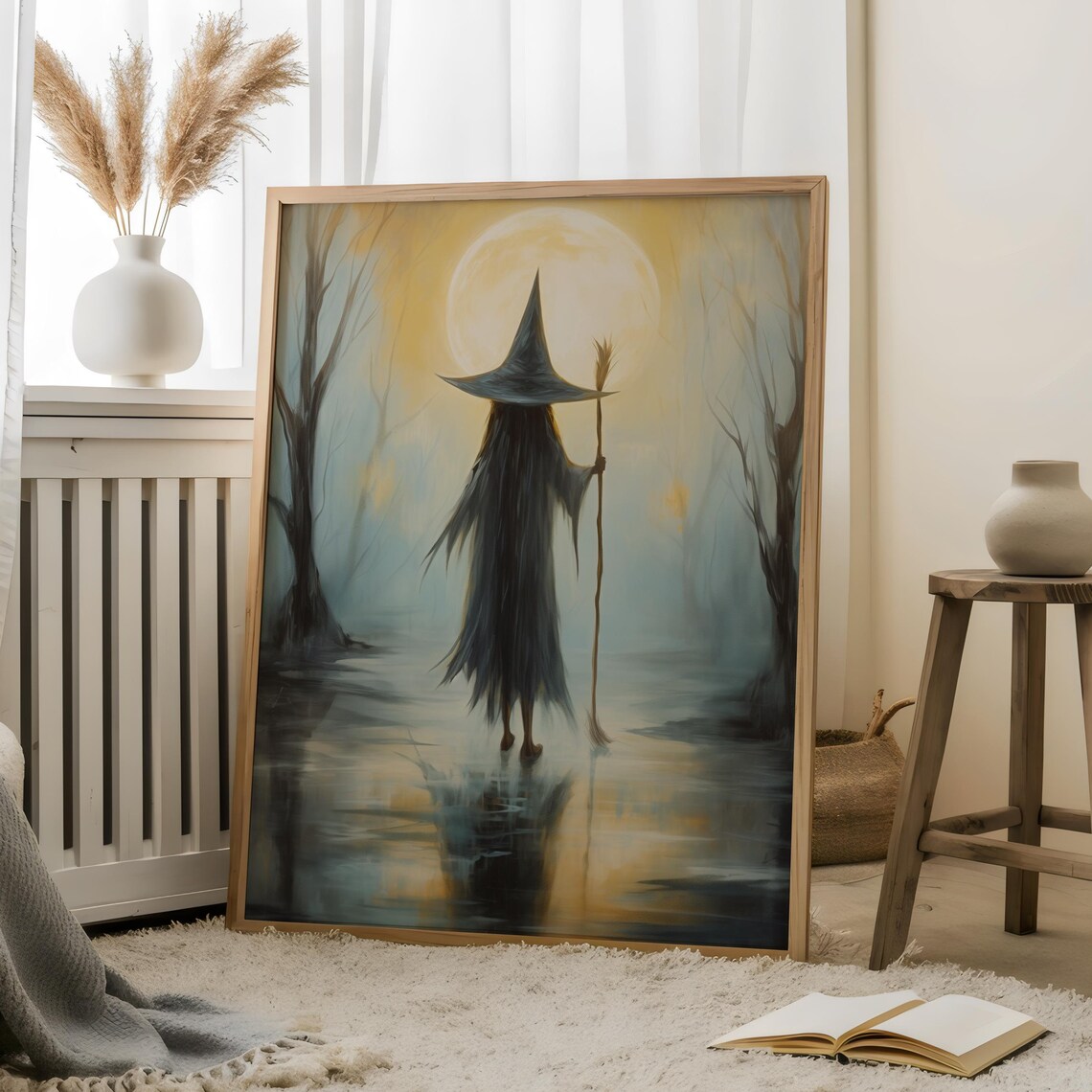 Little Witch Silhouette Under Glowing Full Moon Rustic Oil Style Poster