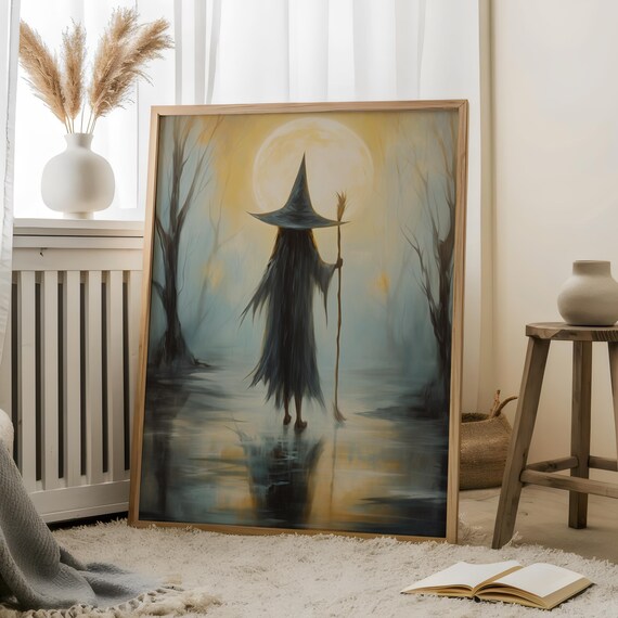 Little Witch Silhouette Under Glowing Full Moon Rustic Oil Style Poster