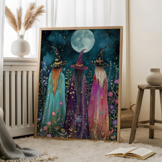 Three Witches Under Moonlightcelestial Artwildflowers Enchanted Nightmystical Witch Printcelestial Wall Decormagic Night Art
