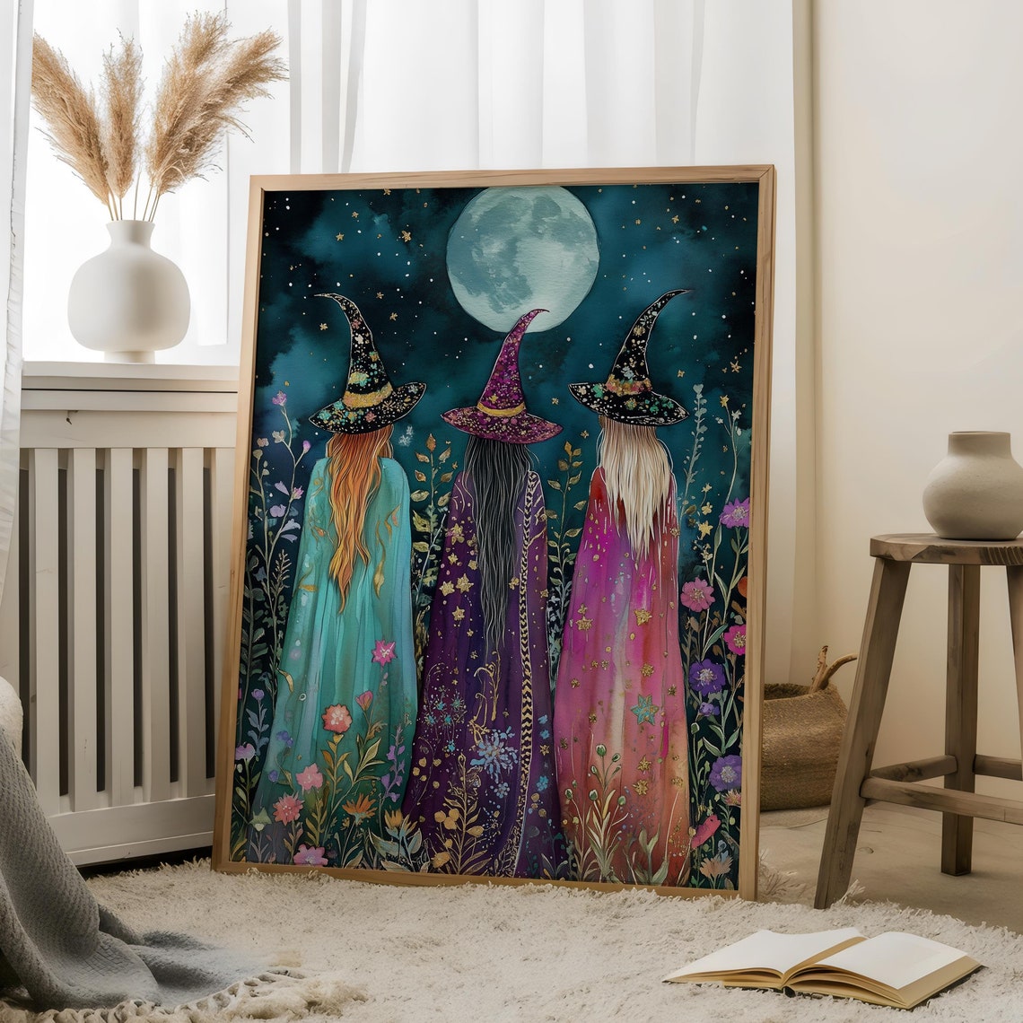 Three Witches Moonlight Starry Night Wildflower Enchanted Poster