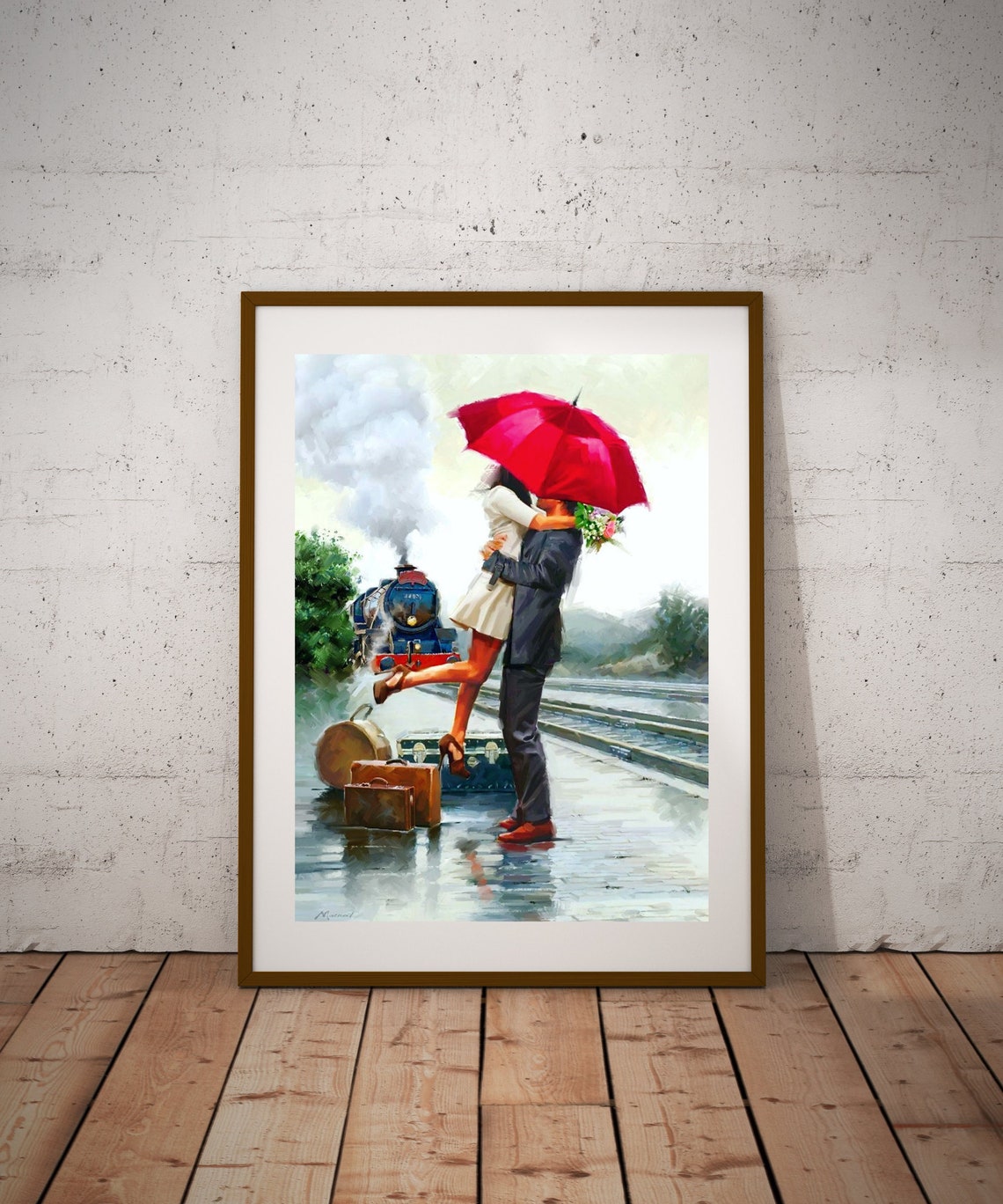 Romantic Couple Kissing Under Red Umbrella Train Station Art Poster