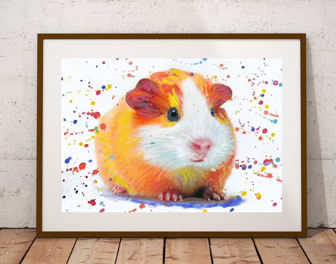 Guinea Pig Watercolor Splash Cute Orange Pet Portrait Art Poster