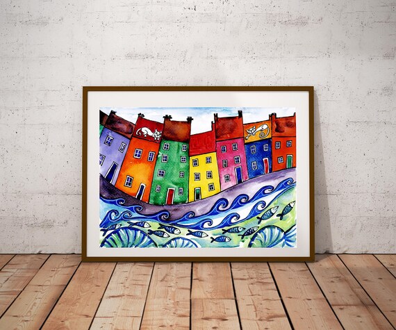 Colorful Fishing Village Houses On Ocean Waves Whimsical Art Poster