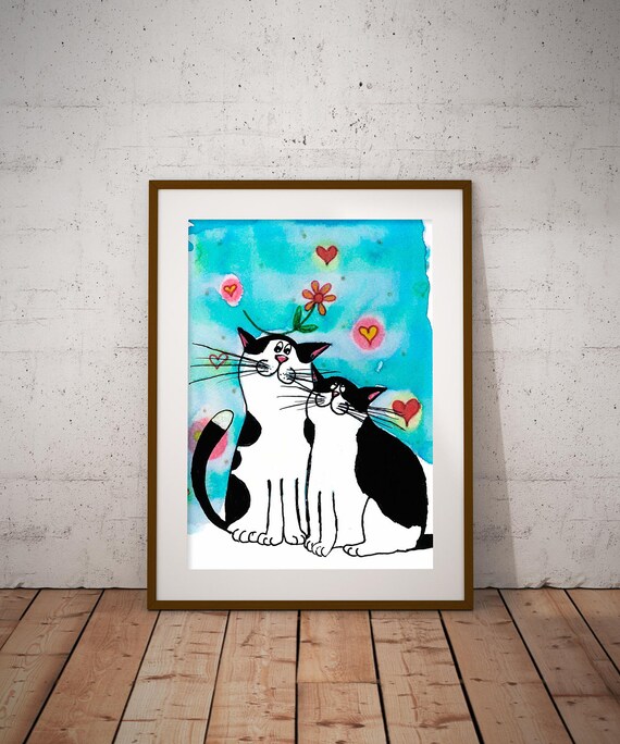Two Sweet Cuddling Cartoon Cats Hearts Whimsical Love Wall Art