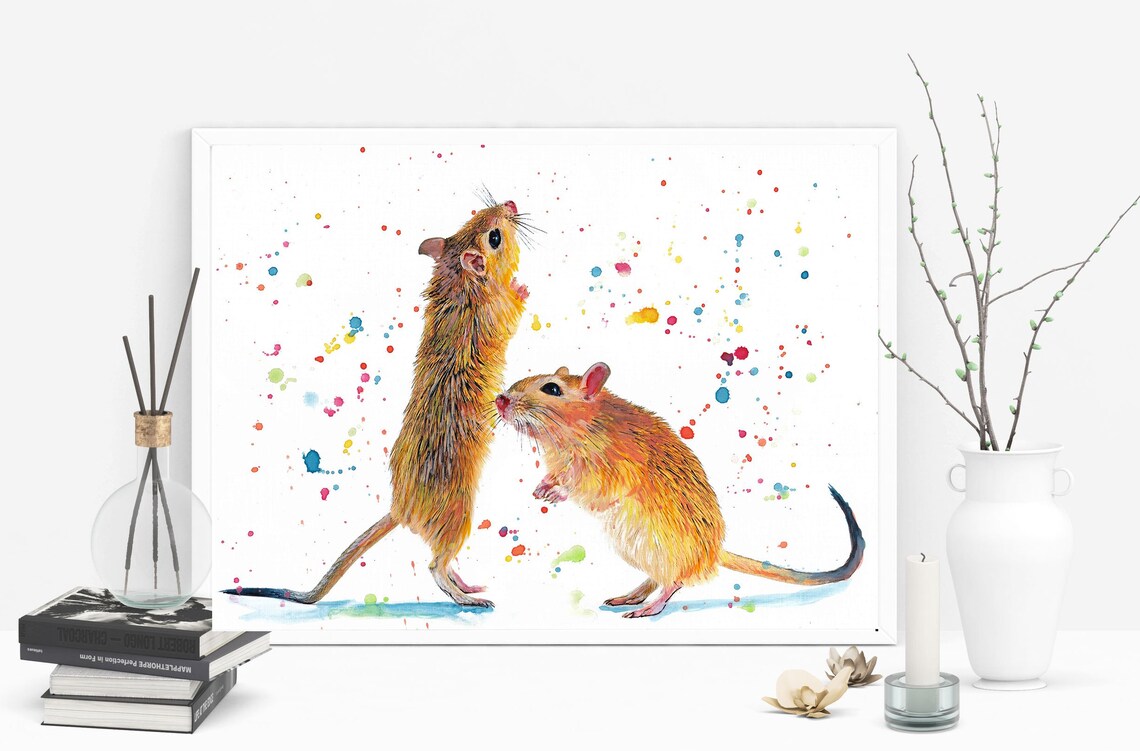 Gerbils Couple Pet Animal Watercolor Art Print