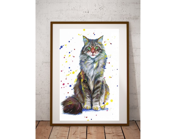 Fluffy Long Haired Tabby Cat Green Eyes Watercolor Splash Art Poster