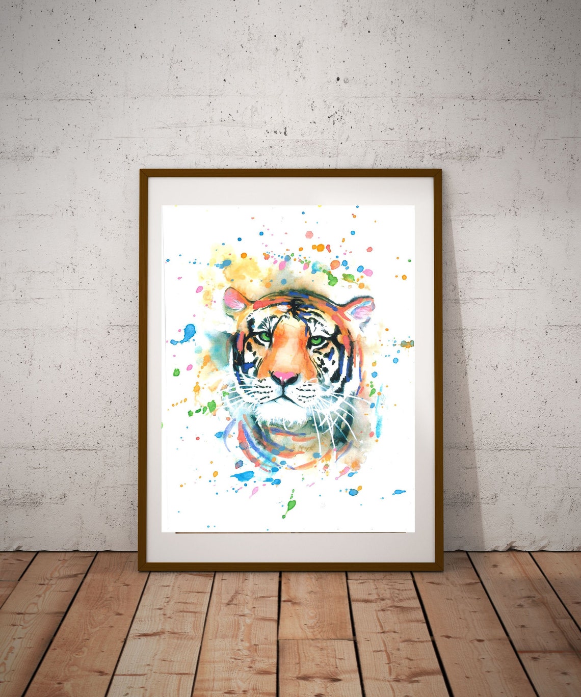 Tiger Face Colorful Watercolor Paint Splash Wild Big Cat Art Poster
