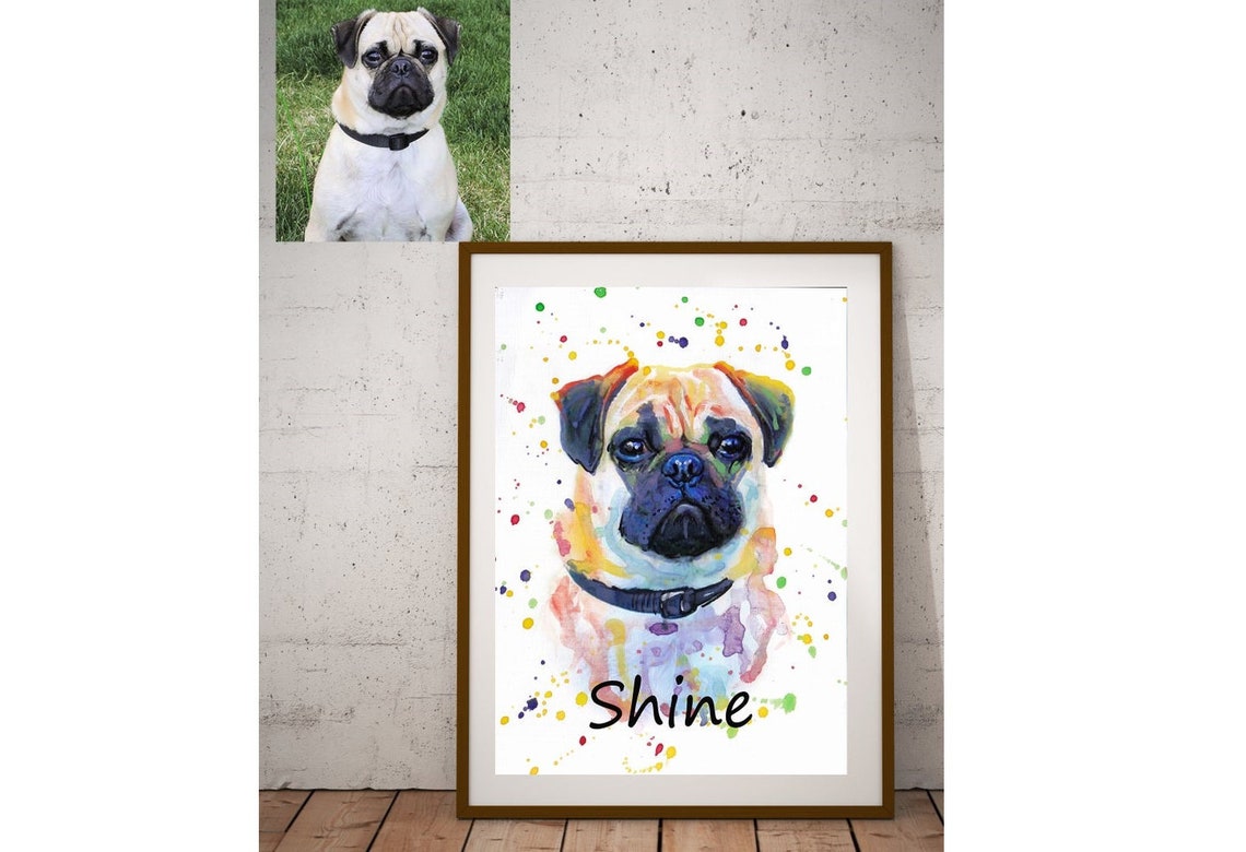 Custom Pug Portrait Named Shine Watercolor Splash Art Poster