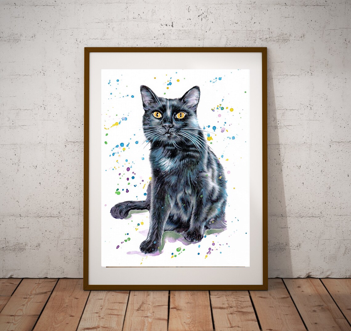 Black Cat With Gold Eyes Watercolor Splash Portrait Art Poster