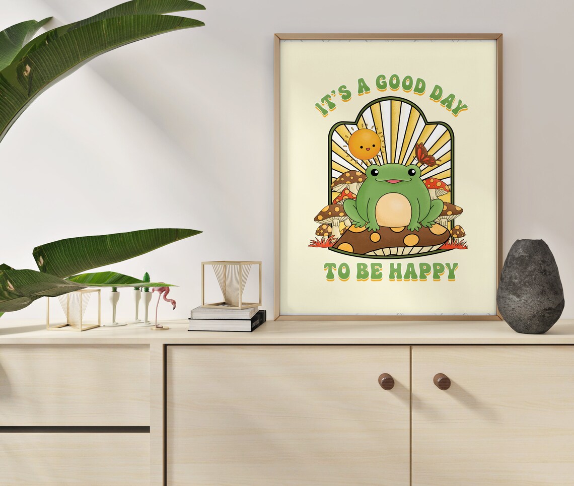 It's a Good Day to Be Happy Cute Green Frog Mushroom Retro Poster - Image 2