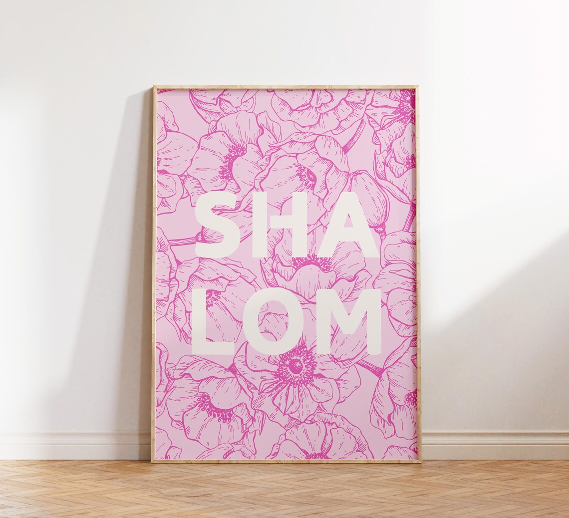 Shalom Pink Floral Line Art Hebrew Christian Verse Quote Poster - Image 4
