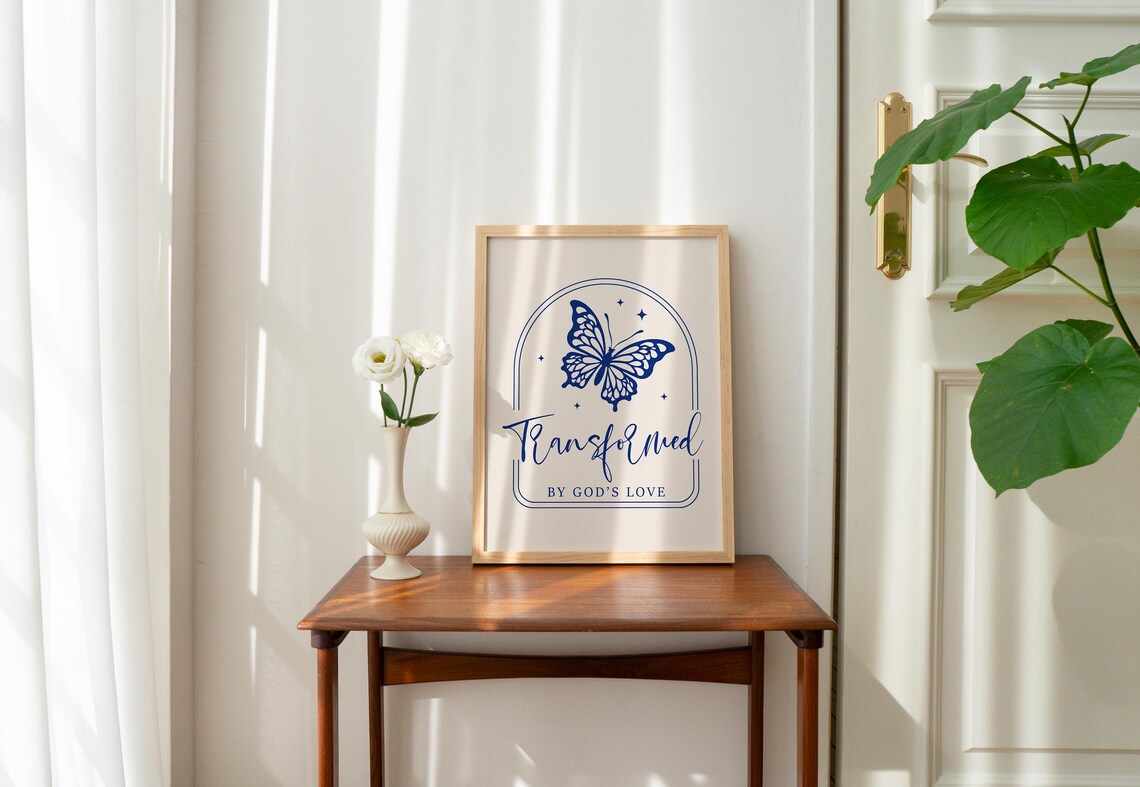 Navy Butterfly Line Art Transformed By Gods Love Christian Poster - Image 2