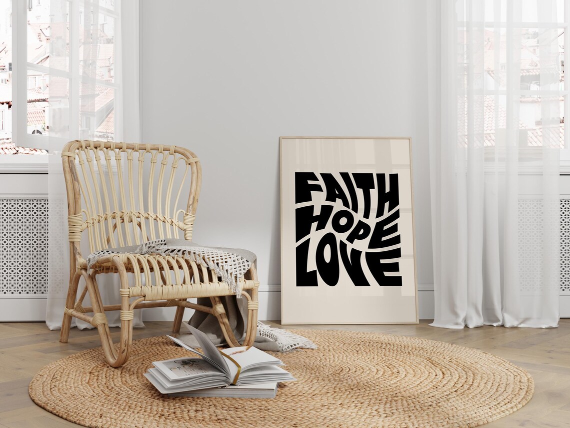 Bold Black Retro Wavy Letters Faith Hope Love Christian Art Poster - Image 2