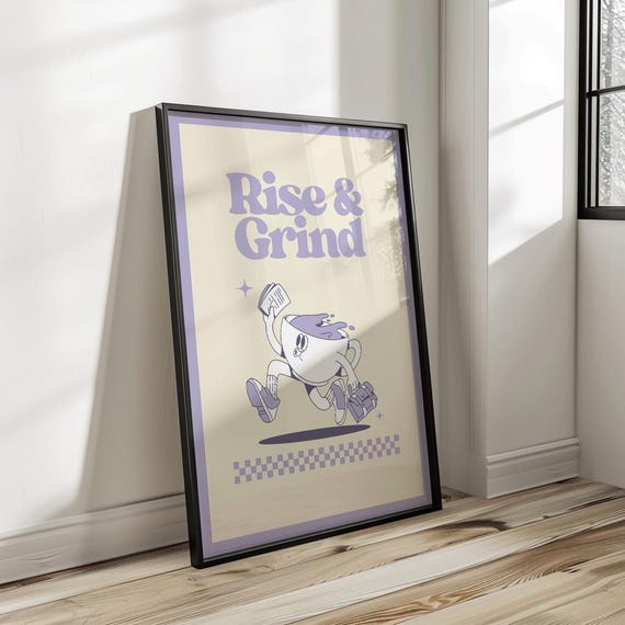 Rise Grind Purple Coffee Retro Wall Art Print Trendy Art Poster Modern Kitchen Decor Coffee Lover Gift Motivational Poster