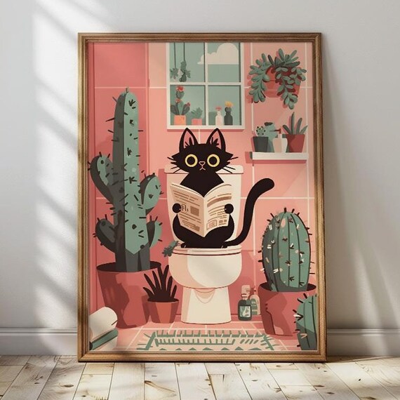 Black Cat Reading Paper on Toilet Between Cacti Funny Poster