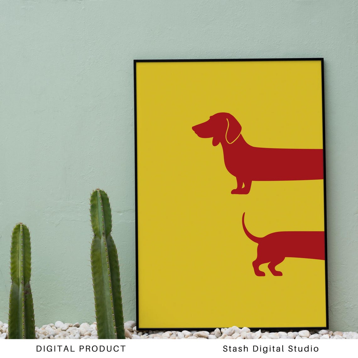 Red Dachshund Silhouette Bold Yellow Minimalist Dog Decor Poster