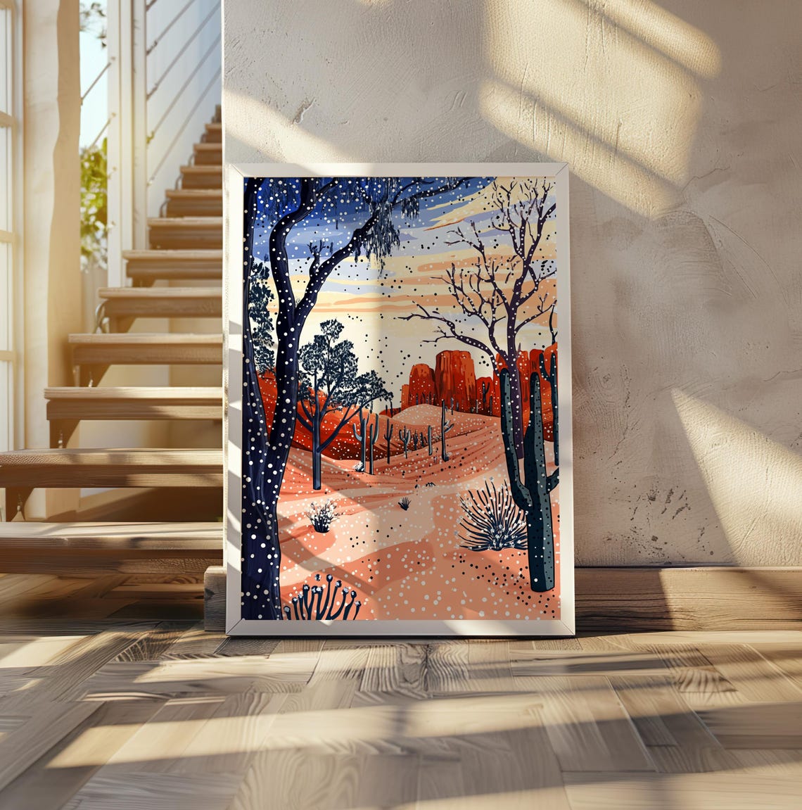 Dark Dotted Trees in Pink Desert with Red Rock Cliffs Art Poster