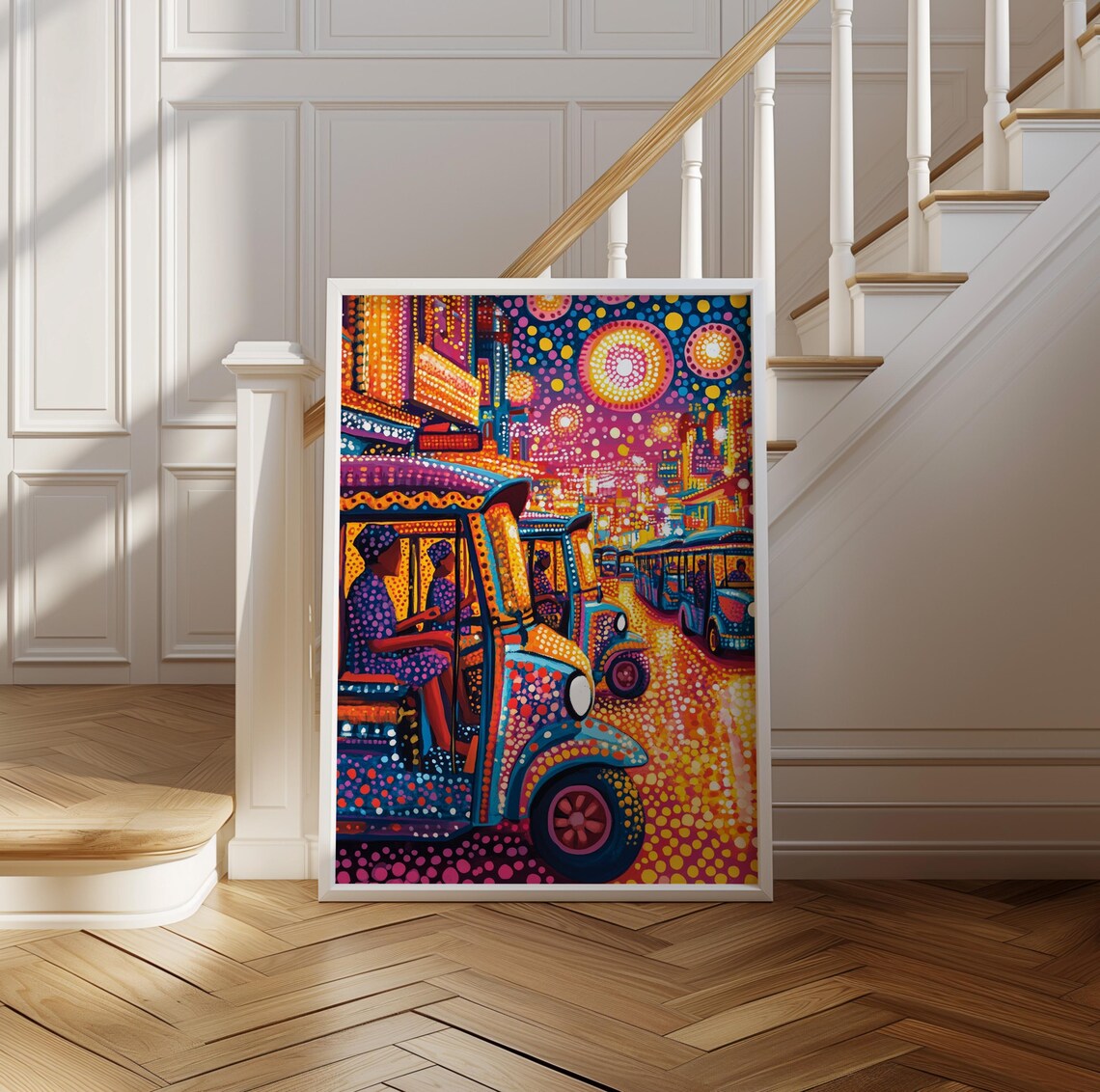Yayoi Kusama Inspired Dotted Tuk Tuk Street Scene at Night Art Poster - Image 2