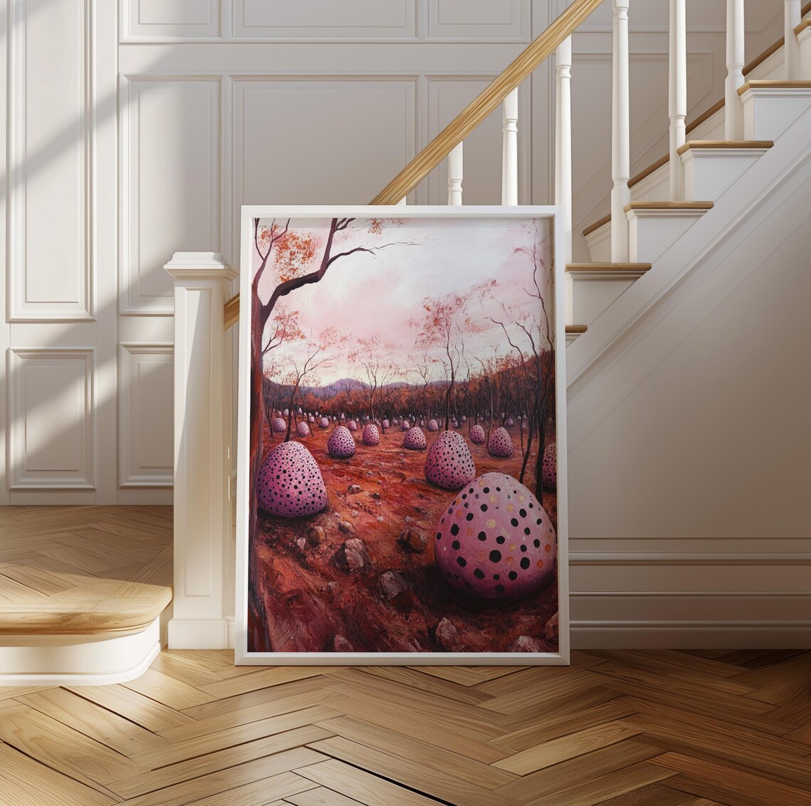 Surreal Red Field of Giant Pink Polka Dot Boulders at Dusk Poster - Image 2