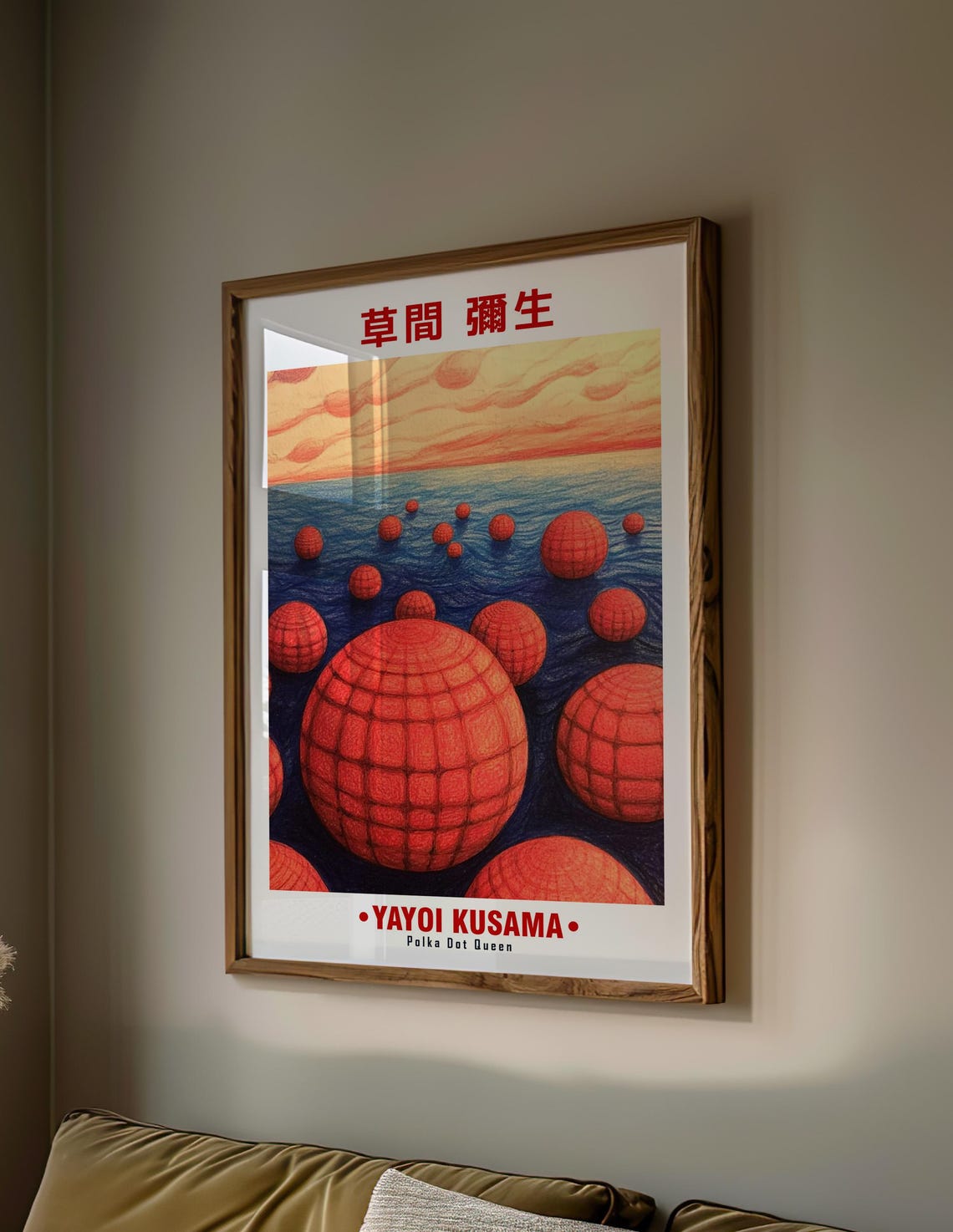 Yayoi Kusama Inspired Floating Red Spheres Ocean Scene Art Poster - Image 2