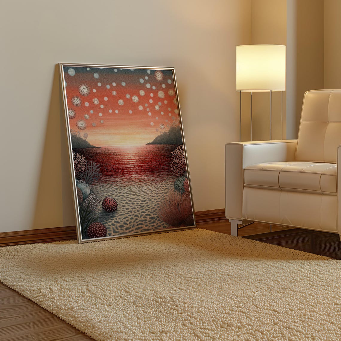 Kusama Inspired Crimson Sunset Sea Coral Dot Landscape Poster - Image 3