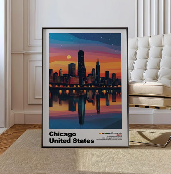 Chicago Usa Mid Century Modern Architecture Art Print Retro Minimalist Poster With Geometric Design Bold Mid Century Color