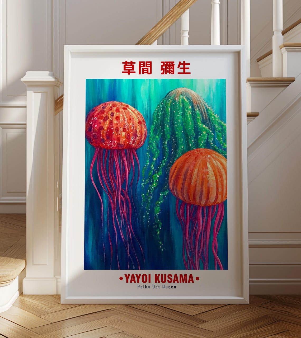 Orange Green Dotted Jellyfish Underwater Kusama Inspired Poster