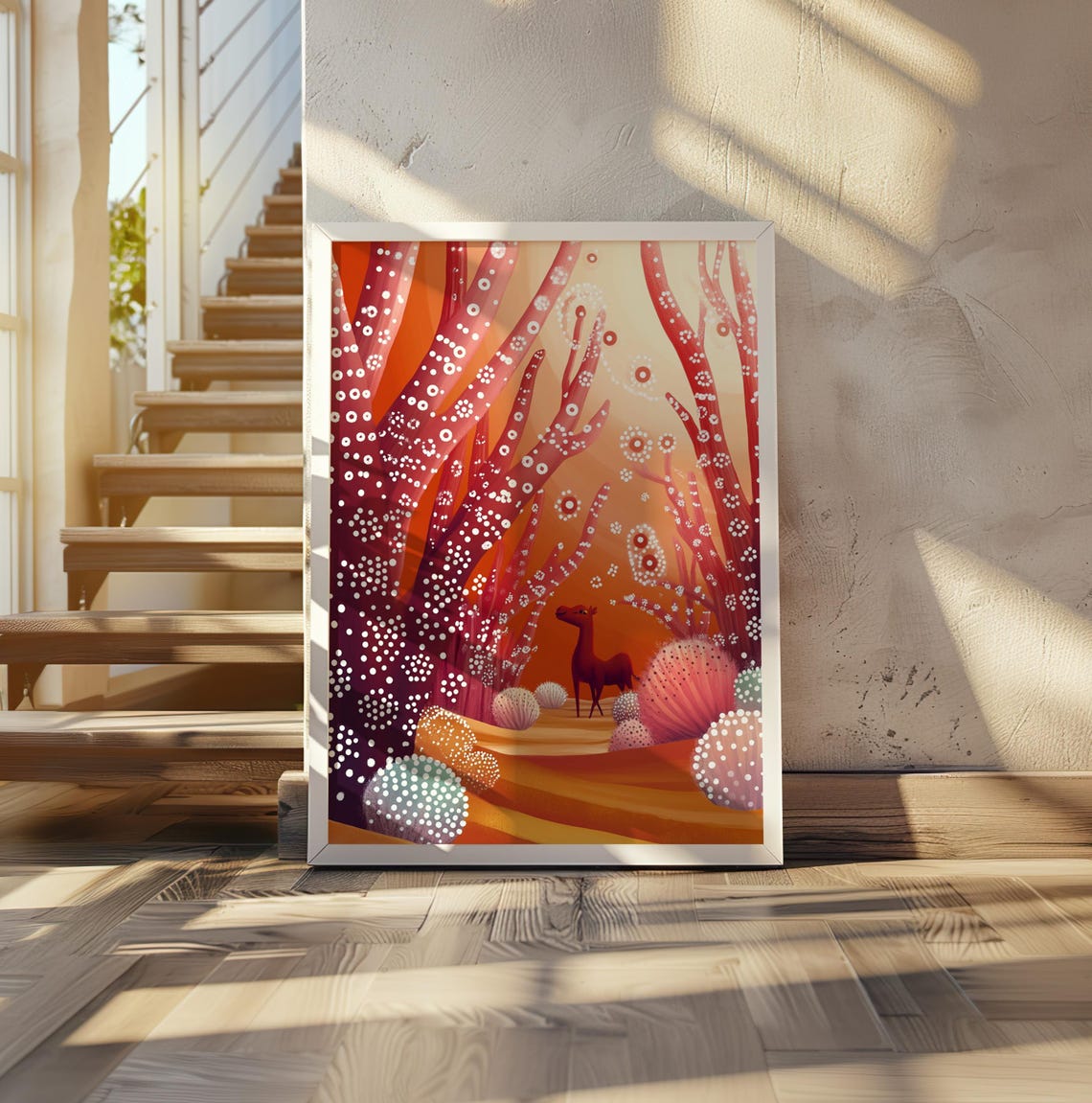 Vivid Red Dotted Forest with Deer Silhouette at Sunset Art Poster