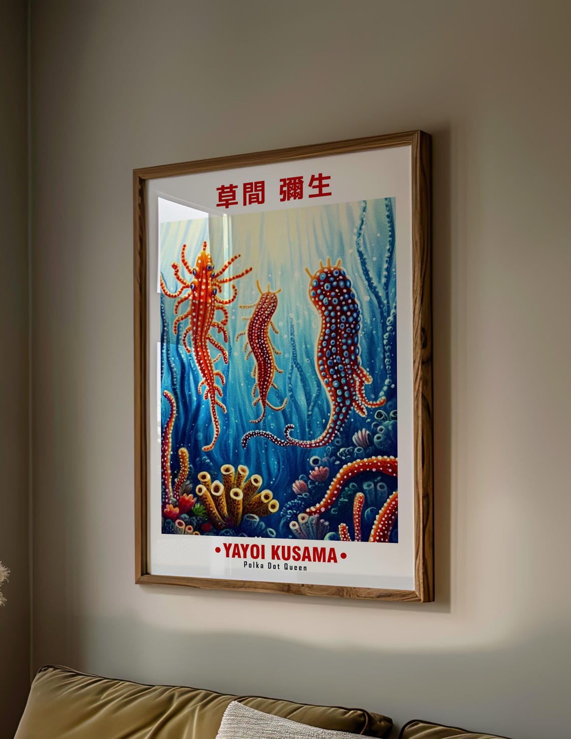 Red Octopus Trio Blue Ocean Coral Yayoi Kusama Inspired Poster - Image 2