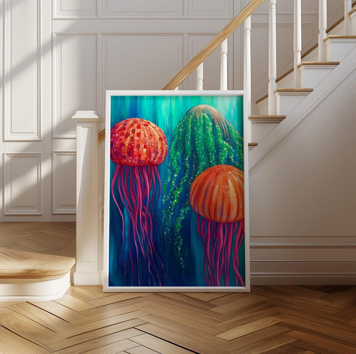 Kusama Inspired Orange Jellyfish Pink Tentacles Green Form Poster - Image 2