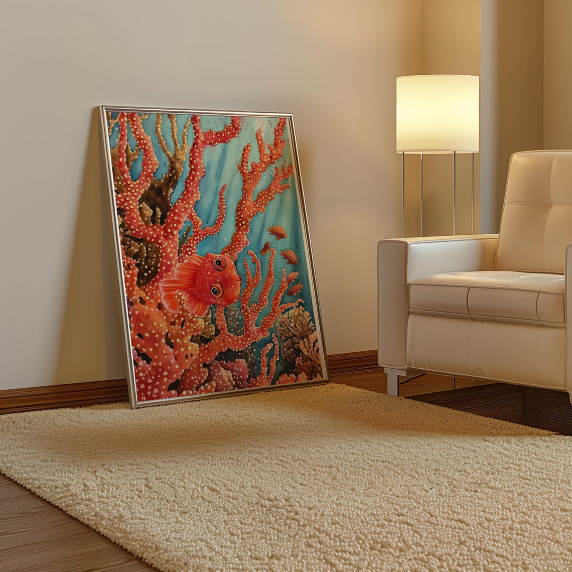 Bright Red Coral Reef with Playful Fish Underwater Dot Art Poster - Image 3