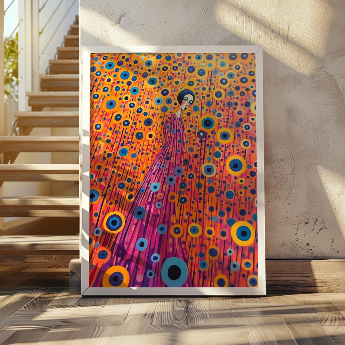 Woman in Pink Dress Walking Through a Field of Dot Flowers Poster