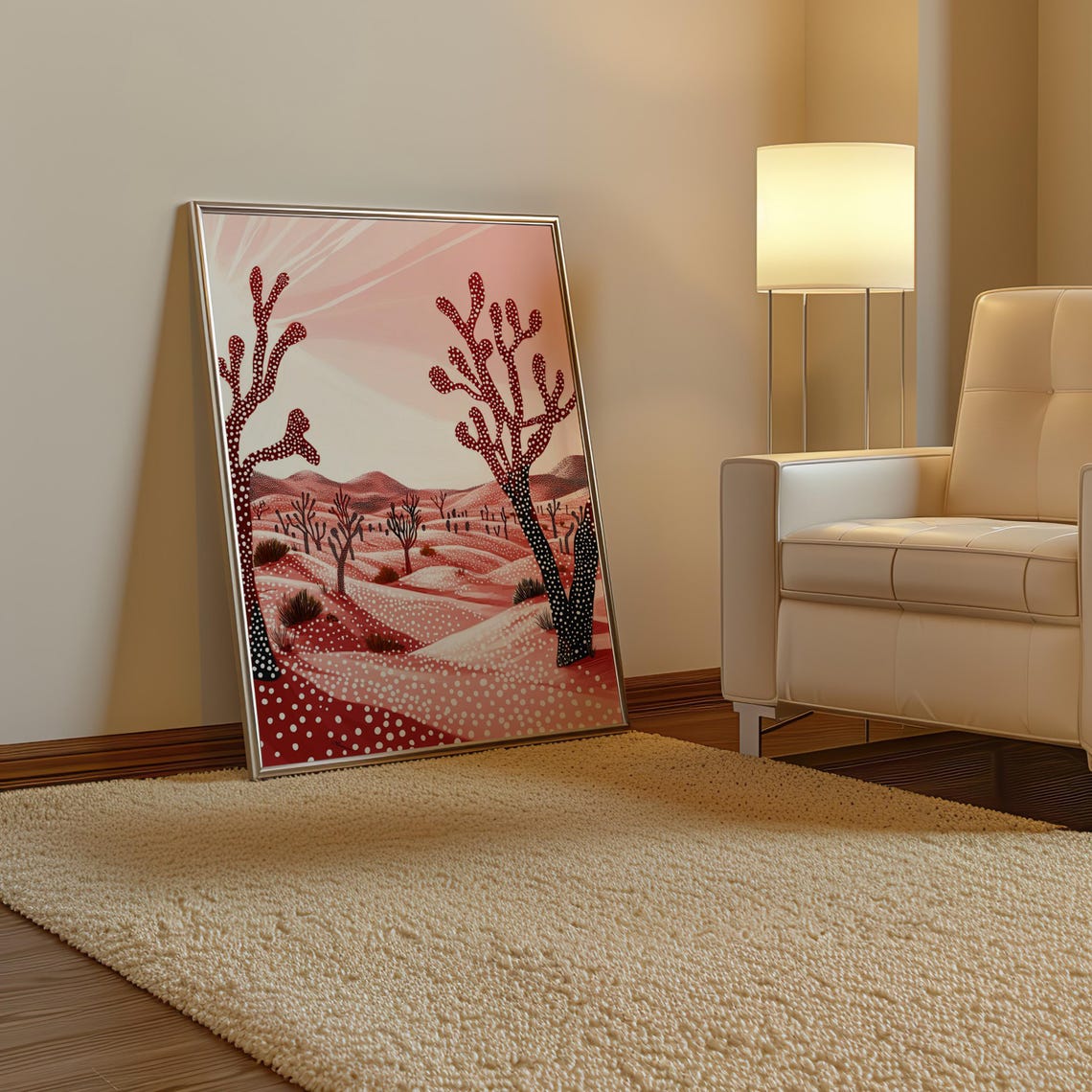 Red Dotted Trees Rising on Pink Desert Dunes Kusama Style Poster - Image 3
