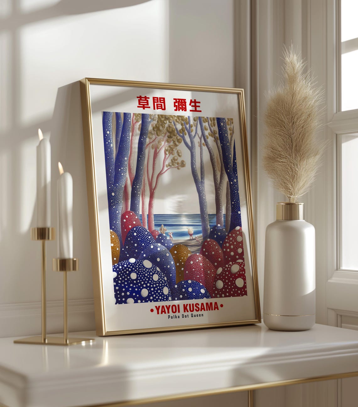 Blue Pink Dotted Trees Beach Boulders Kusama Inspired Poster - Image 3