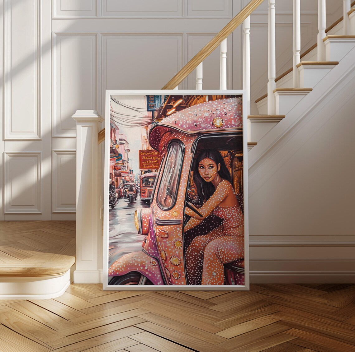 Bangkok Tuk Tuk Street Scene in Pink Polka Dot Pop Art Style Poster - Image 2