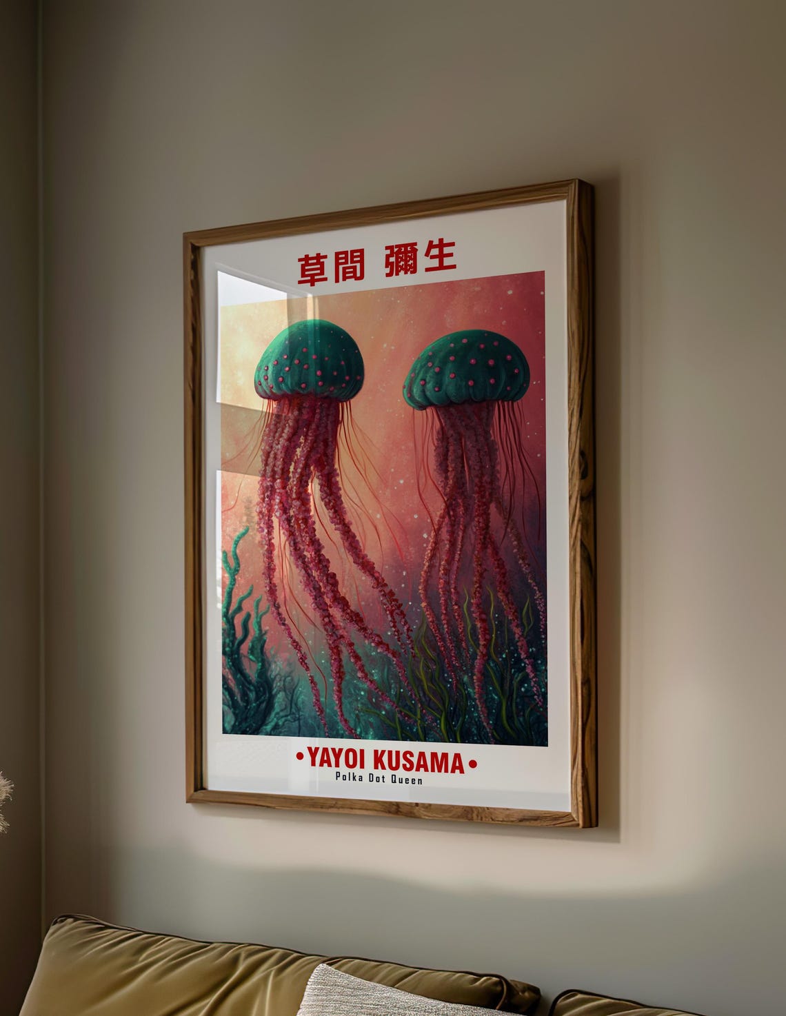 Yayoi Kusama Inspired Green Spotted Jellyfish Pair Art Poster - Image 2