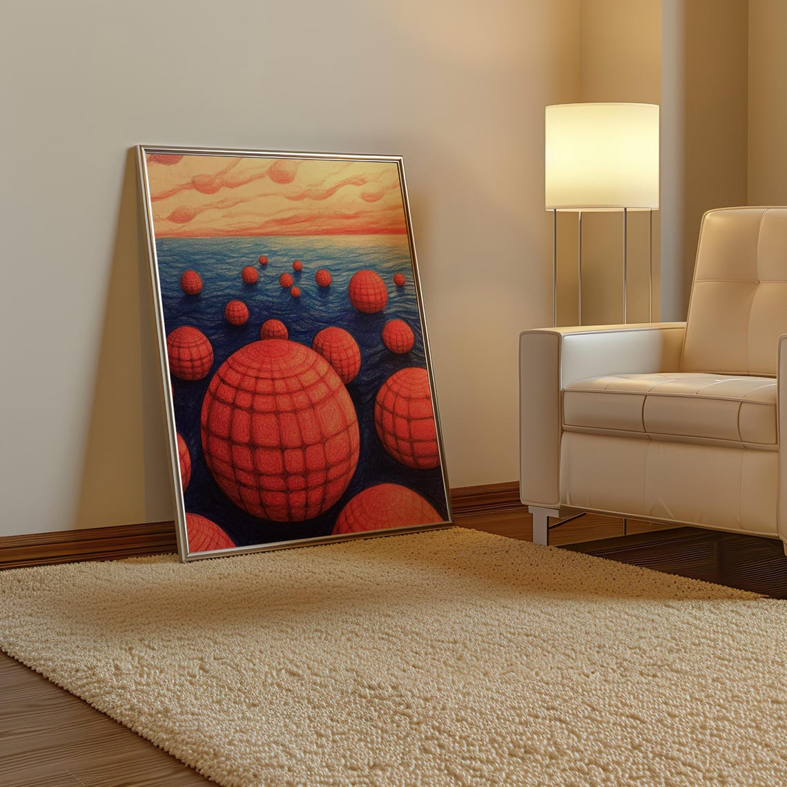 Surreal Red Polka Dot Spheres Floating Over Sunset Ocean Art Poster - Image 3