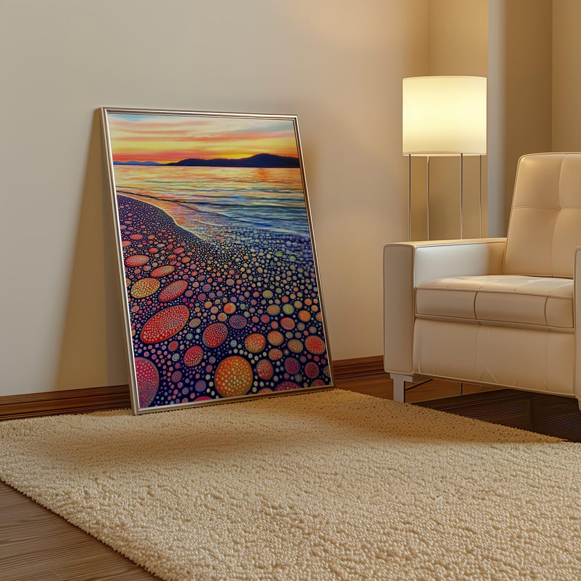 Kusama Inspired Dotted Pebble Beach Sunset Golden Shoreline Poster - Image 3