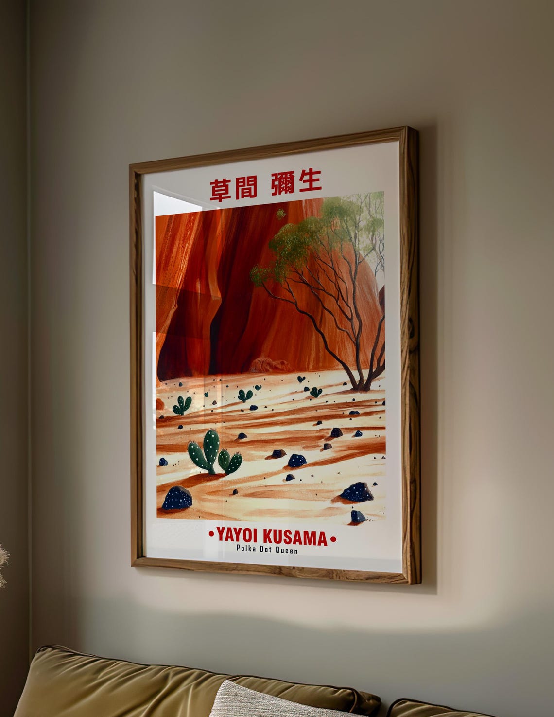 Serene Red Cliff Desert Cactus Dotted Scene Kusama Inspired Poster - Image 2