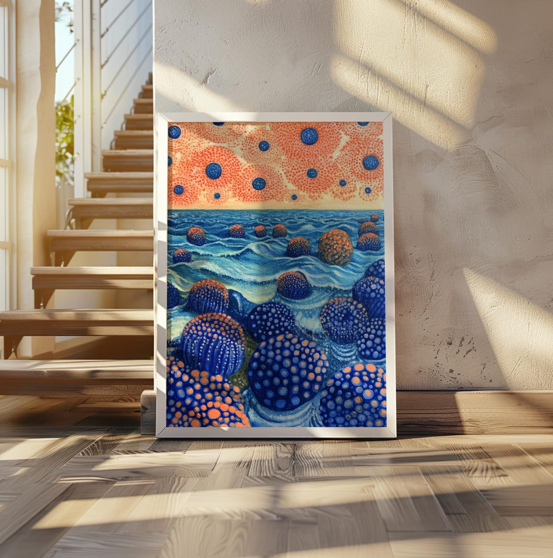 Kusama Inspired Blue Waves Orange Sky Polka Dot Pop Art Poster