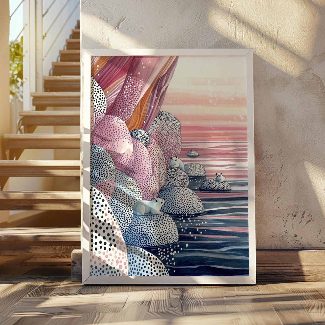 Seals Resting on Dotted Coastal Rocks at a Pink Sunset Poster