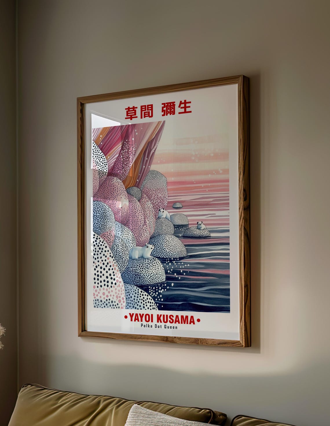 Yayoi Kusama-Inspired Polar Bears on Dotted Rocks Shore Art Poster - Image 2