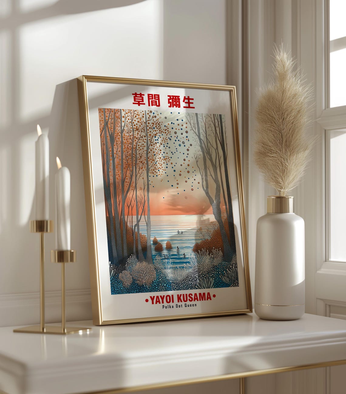 Tranquil Orange Dotted Forest Lake Sunset Kusama Inspired Poster - Image 3