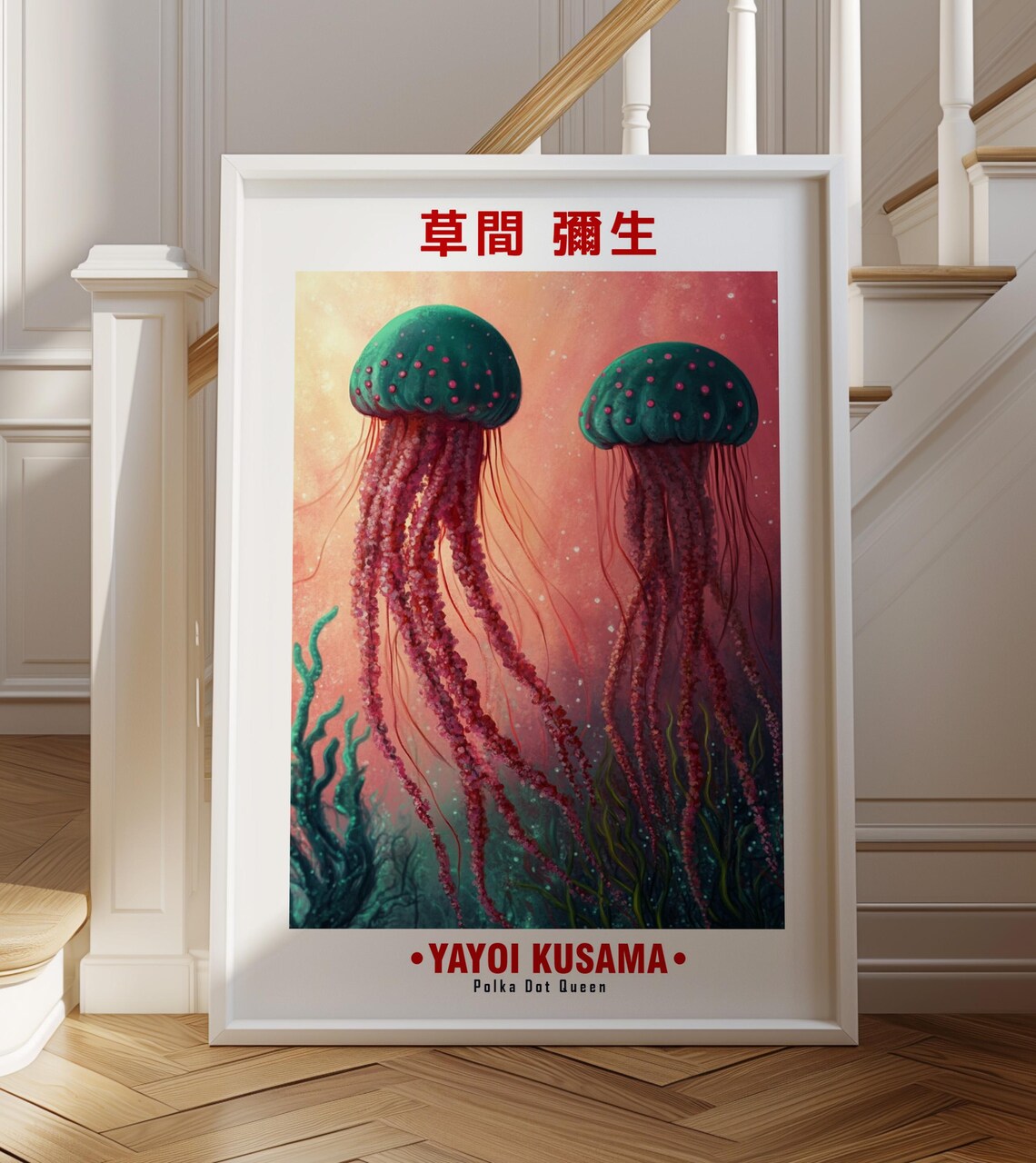 Yayoi Kusama Inspired Green Spotted Jellyfish Pair Art Poster