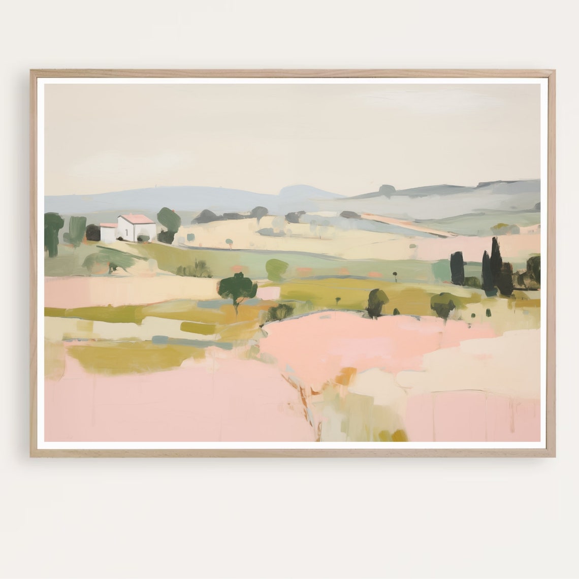 Pink Abstract Summer Landscape Rolling Green Fields Soft Poster