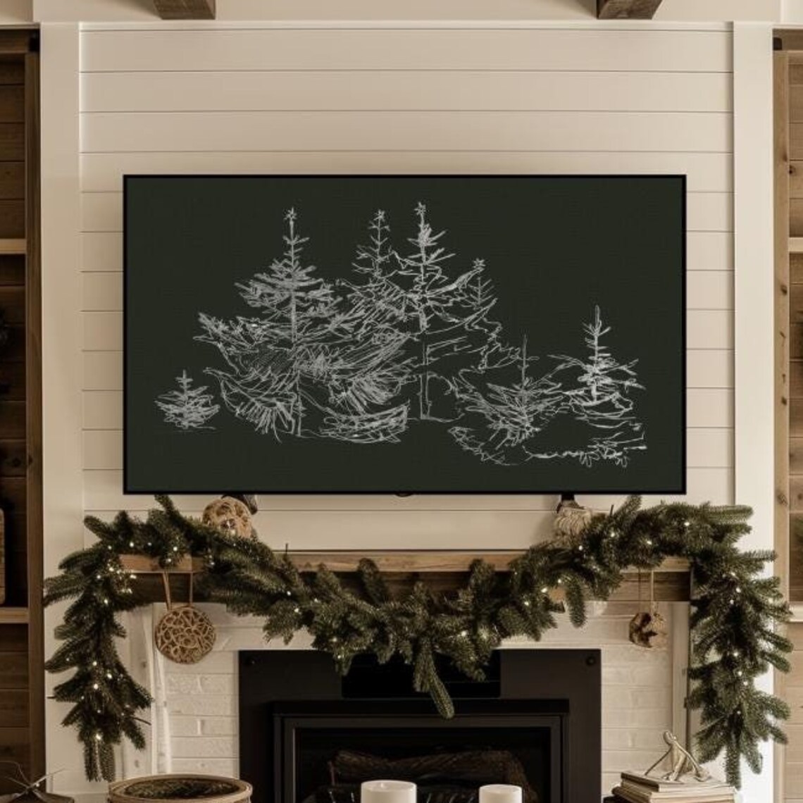 White Pine Tree Sketches on Dark Green Winter Night Art Poster