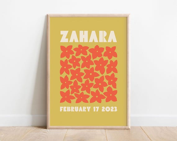 Custom Name Print Kids Wall Art Personalized Name Gift Fun Toddler Playroom Retro Daisy Flowers Newborn Birthday Baby Nursery Decor