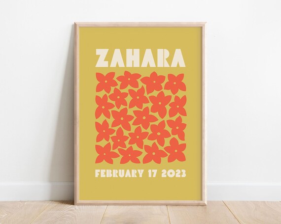 Zahara Personalized Name Birthdate Mustard Floral Nursery Poster