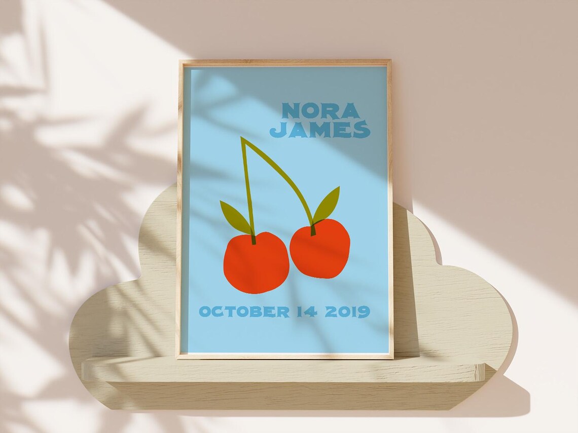 Custom Name Cherries Birthdate Kids Art Print